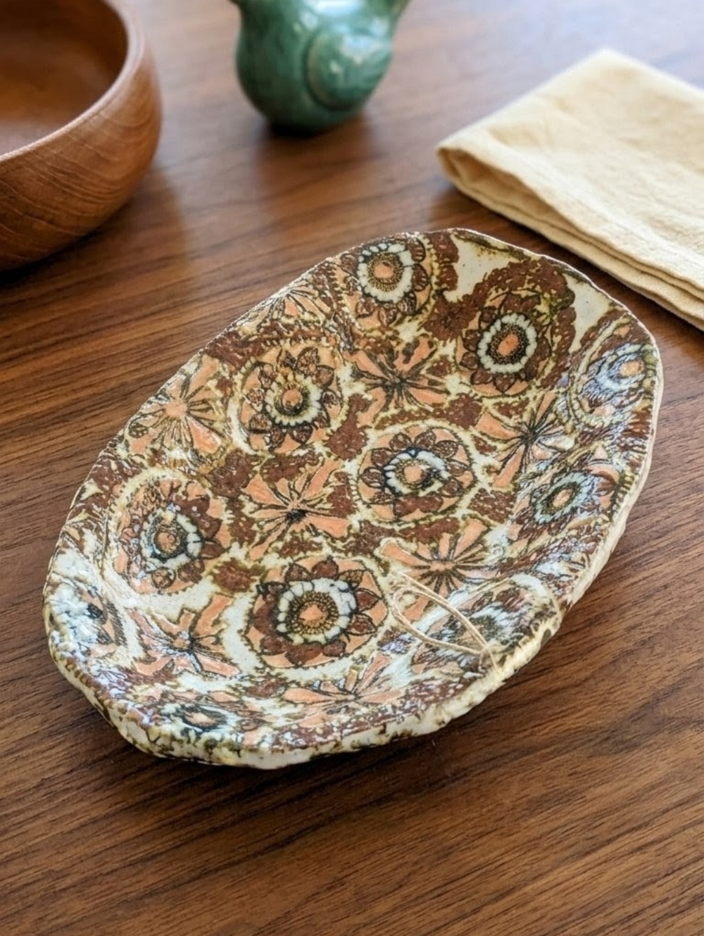 VTG Handmade Studio Pottery Oval Platter | Floral Mishima Style | 12”
